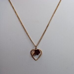 Gold Tone Heart Pendant Necklace with Red Rose Accent 18" Long Vintage